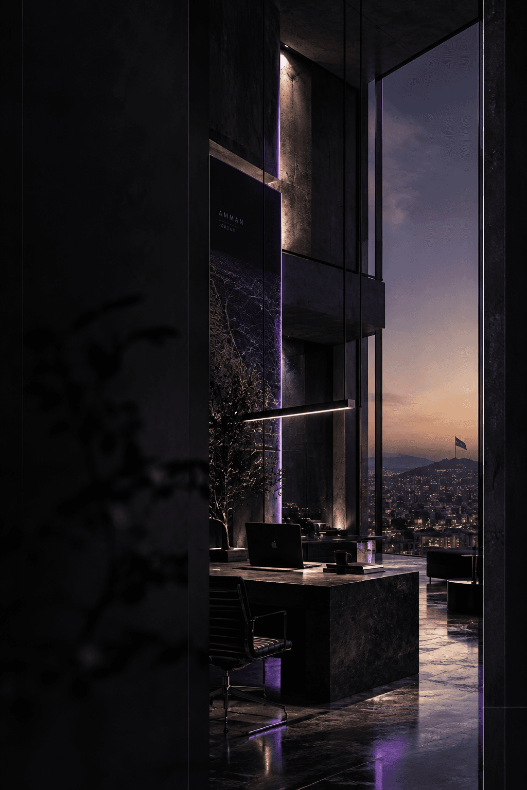 Abstract architectural forms in purple light.