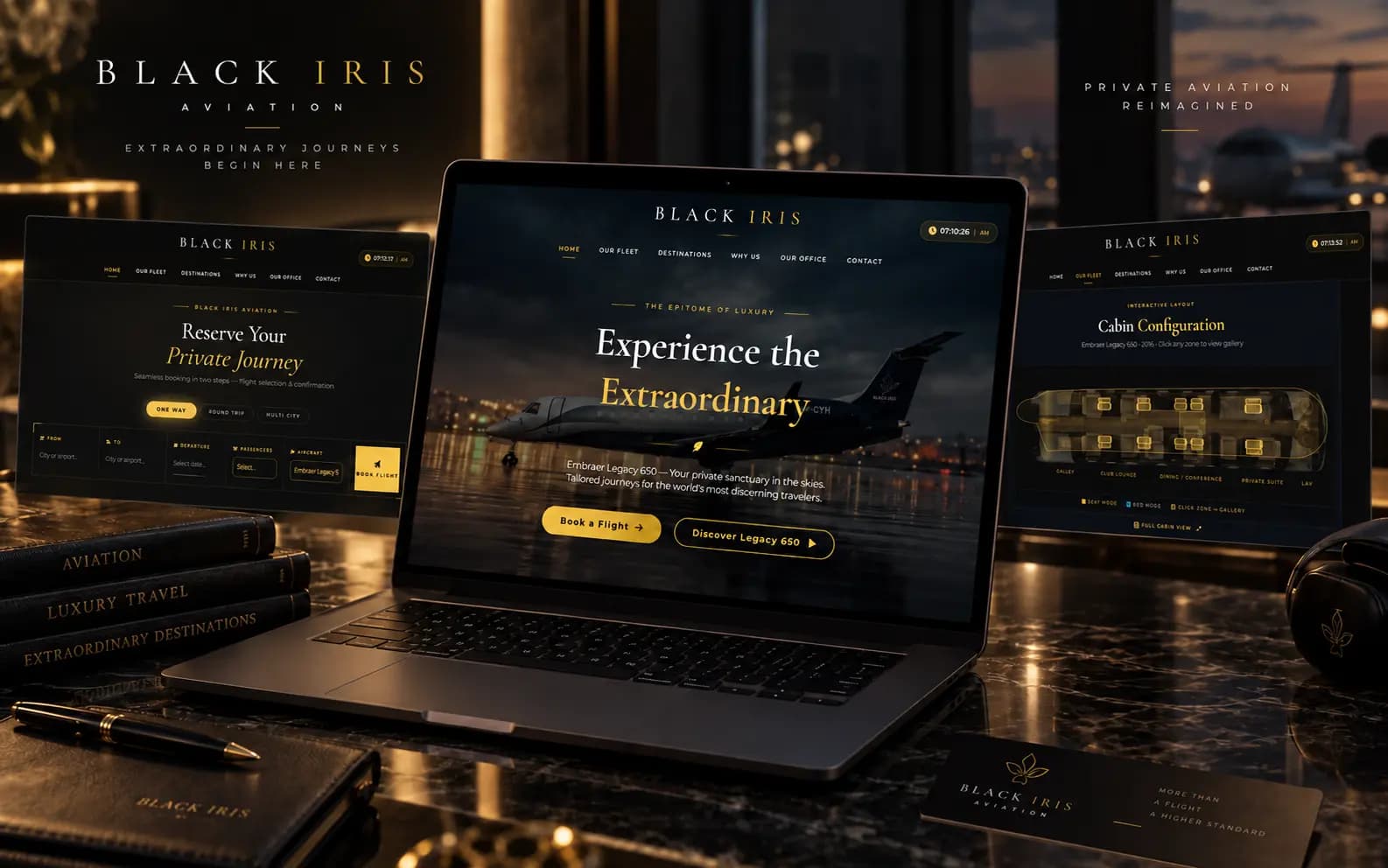 Black Iris Aviation website on a laptop and desktop displays